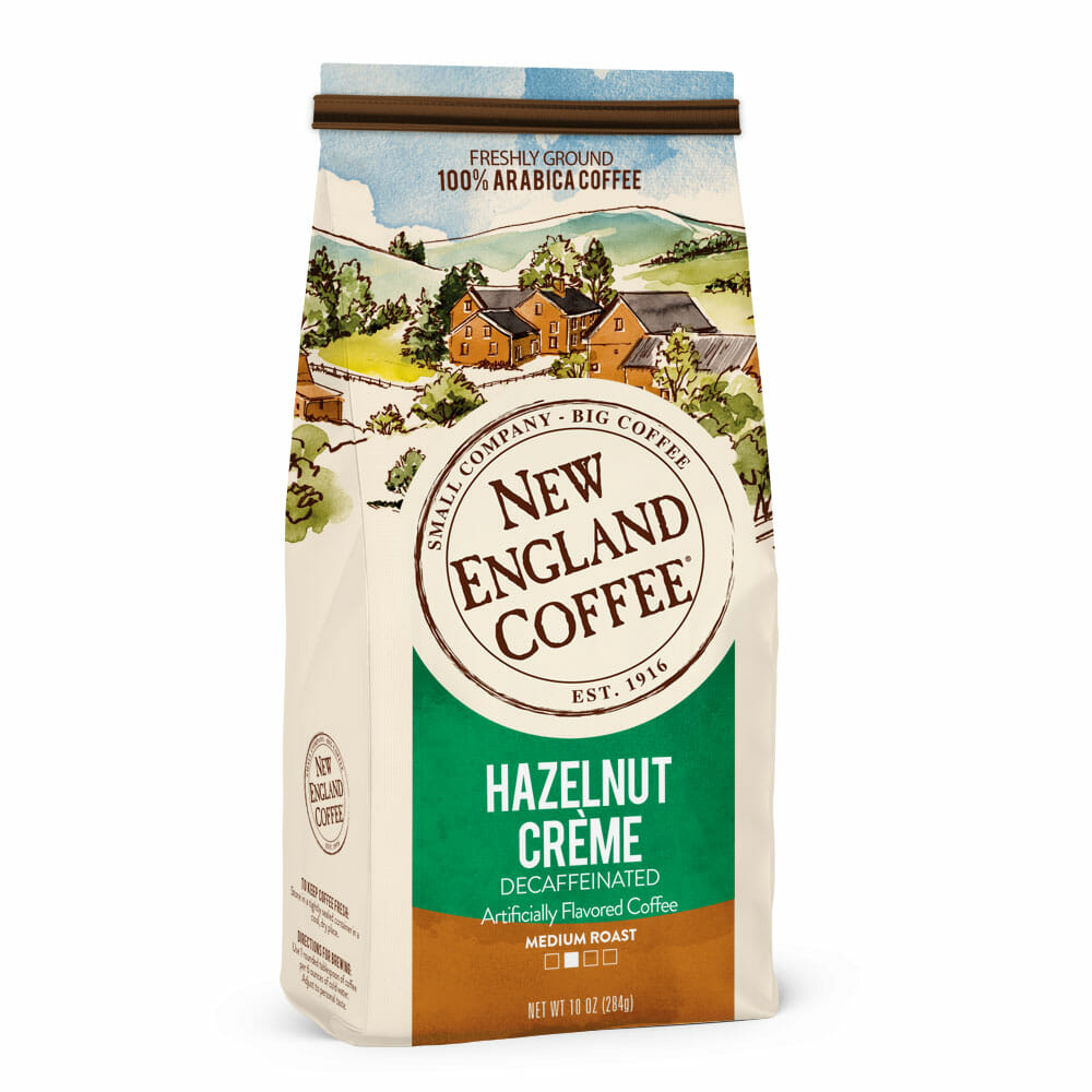 New England Coffee Hazelnut Crème Decaf Ground 10 oz Reily Products