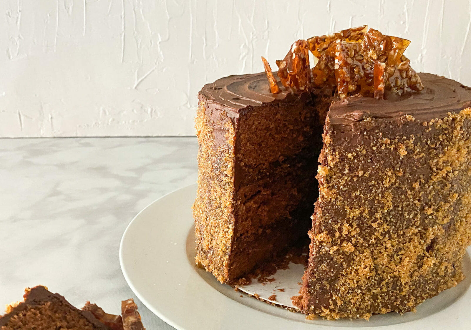 Chocolate Buttermilk Cake with Pecan Praline Candy & Whipped Chocolate Ganache