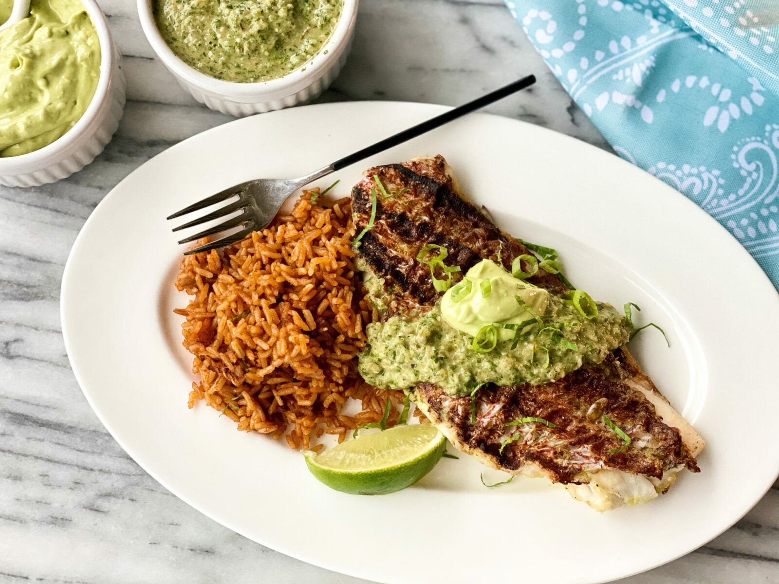 Grilled Red Snapper with Avocado Mayonnaise and Salsa Verde