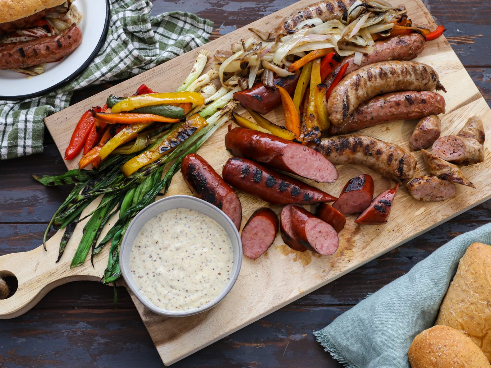 Grilled Sausages, Peppers and Onions with Creole Mustard Sauce