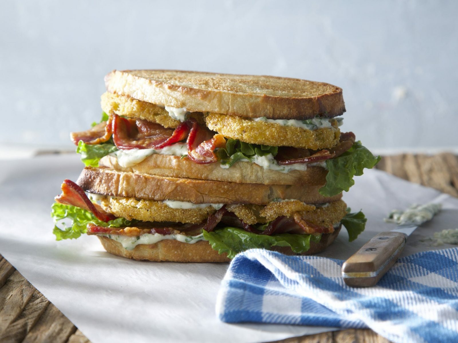 Fried Green Tomato BLT’s with Garlic-Herb Mayo