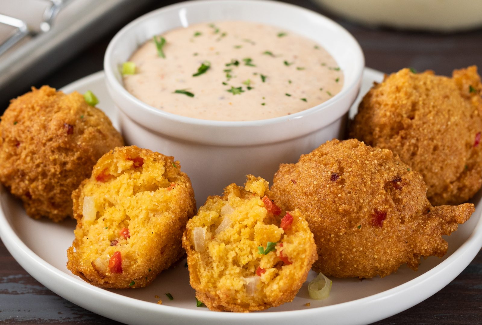 Buttermilk and Sweet Onion Hush Puppies with Spicy Remoulade