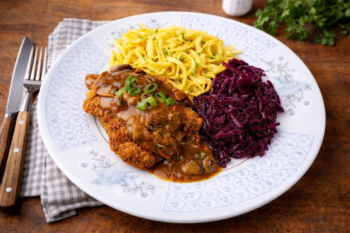 German Schnitzel With Spatzle And Cabbage 4